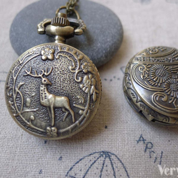 1 PC Antique Bronze Deer Flower Pocket Watch 27x27mm A7198