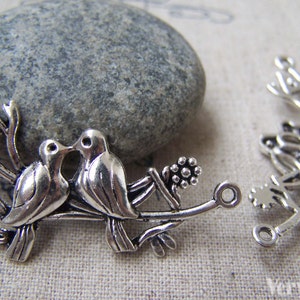 10 pcs of Antique Silver Two Love Birds On Branch Connector Charms 25x45mm A2938