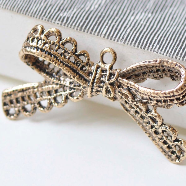 10 pcs Antique Gold Lace Edge Bow Tie Knot Connectors Pendants Charms 23x43mm A3097