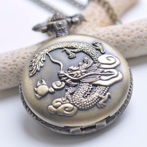 Antique Bronze Large Round Dragon Pocket Watch Pendant Set of 1 A4493