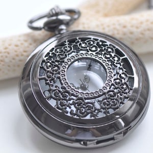 Gunmetal Black Large Filigree Flower Round Pocket Watch Set of 1 A4322