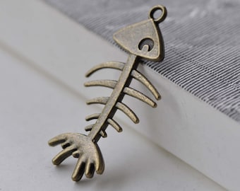 Fish Bone Charms Antique Bronze Skeleton Pendants 21x42mm Set of 10 A7930