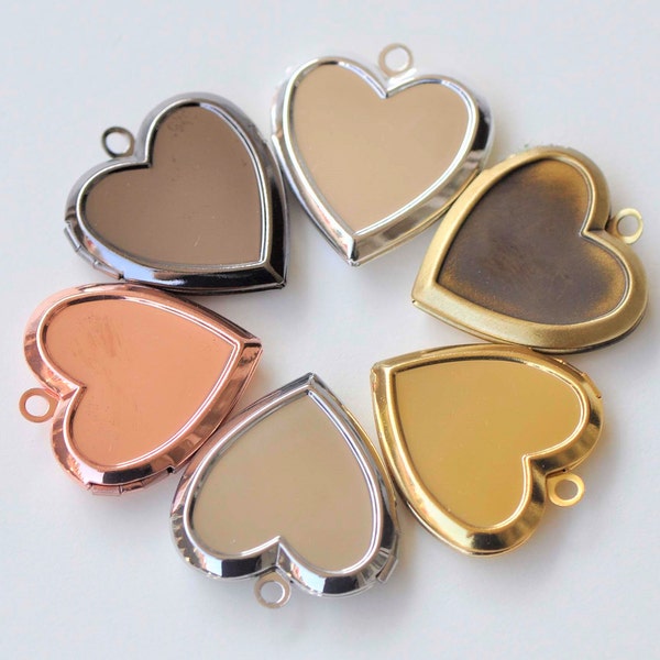 4 pcs Flat Back Bezel Heart Photo Locket Charms Pendants Shiny Gold/Rose Gold/Platinum/Gunmetal/Silver/Brushed Bronze