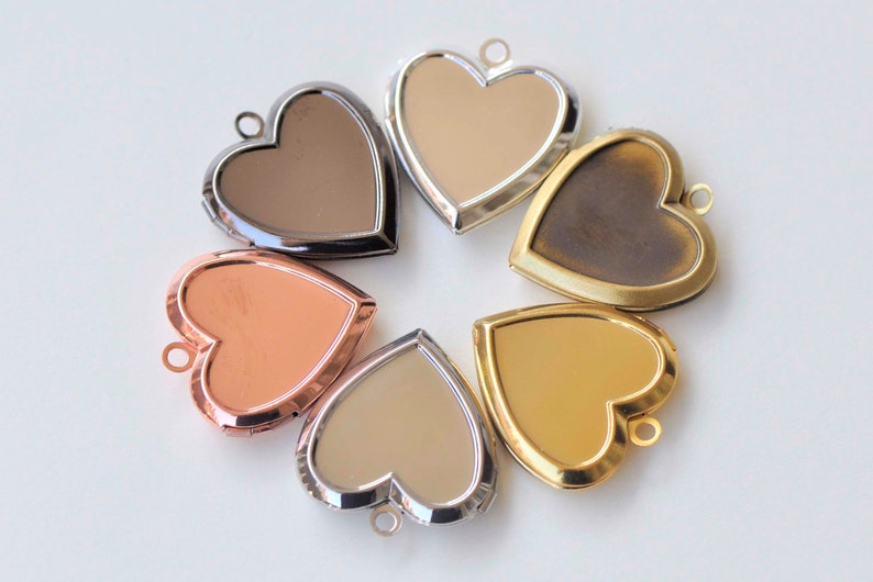 4 pcs Flat Back Bezel Heart Photo Locket Charms Pendants Shiny Gold/Rose Gold/Platinum/Gunmetal/Silver/Brushed Bronze image 1