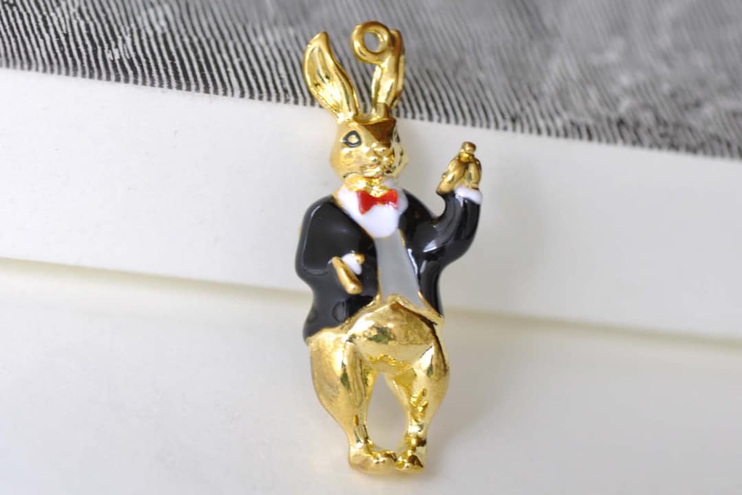 Gold Enamel Rabbit in Suit Pendants Charms 14x36mm Set of 2 A8154