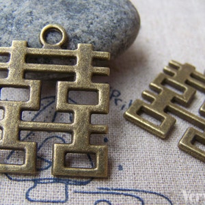 Double Happiness Wedding Decoration Antique Bronze Charms 24x31mm Set of 10 pcs A2156