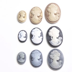 Marrón negro gris resina señora Cameo Cabochon Tamaño 13x18mm/18x25mm/22x30mm Set de 10
