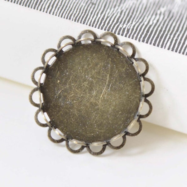 Filigree Round Bezel Tray Blank Antique Bronze Settings Double SCALLOP Lace Edge Match 12mm - 30mm Cabochon Set of 10