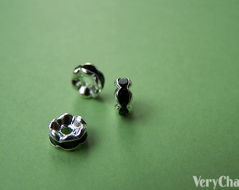10 piezas de tono de plata Rondelle Rhinestone Spacer Abalorios Negro 6mm A2146