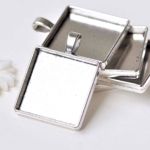10 pcs Silver Plated Square Cabochon Base Pendant Tray Match 25x25mm Cameo A5306