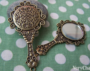 2 pcs Antique Bronze Fancy Victorian Hand Mirror Pendant 35x68mm A1782