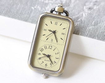 1 PC Time Zone Rectangle Pocket Watch Pendant Gift 27x57mm A8509