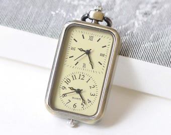 1 PC Time Zone Rectangle Pocket Watch Pendant Gift 27x57mm A8509