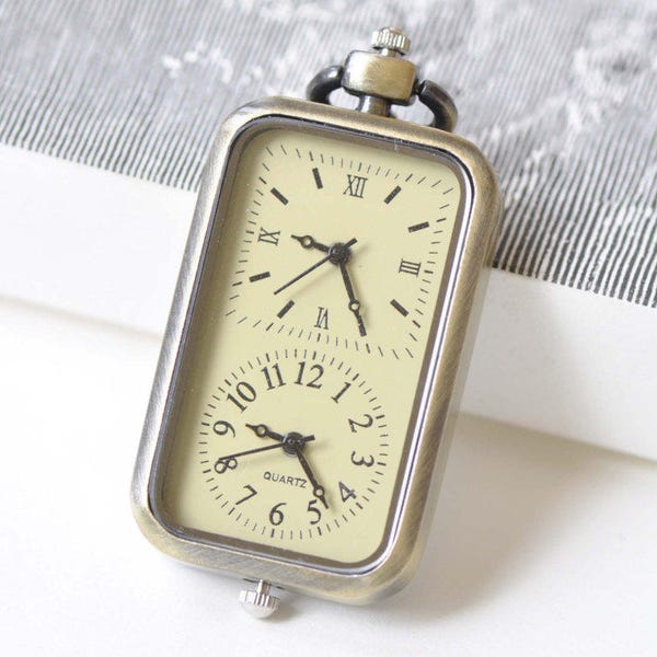 1 PC Fuseau horaire Rectangle Pocket Watch Pendentif Cadeau 27x57mm A8509