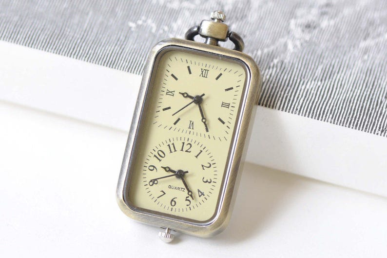 1 PC Time Zone Rectangle Pocket Watch Pendant Gift 27x57mm A8509 image 1