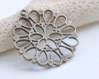 Antique Bronze Filigree Cut Out Flower Pendant Charms 32mm Set of 10 A7214