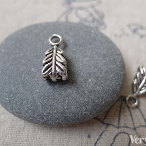 May include: Two silver leaf-shaped charms with a loop at the top. The charms are on a gray stone surface.
