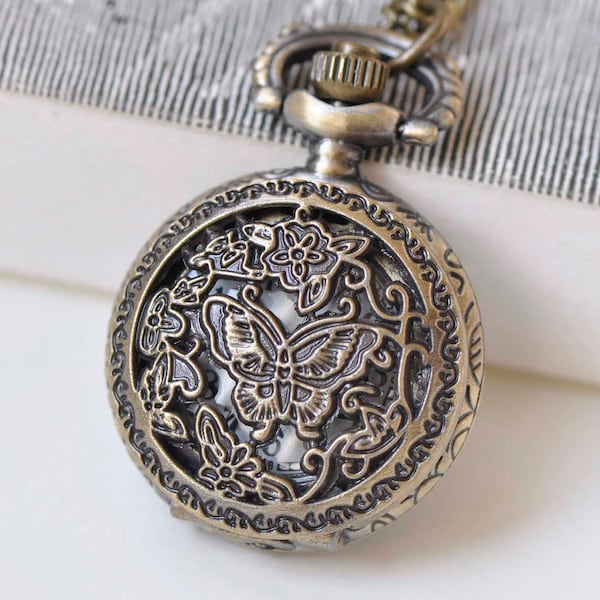 1 PC Antique Bronze Butterfly Flower Small Pocket Watch 27mm A5480