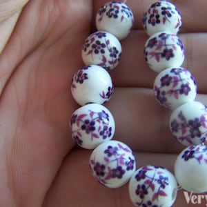 20 pcs Purple Flower Porcelain Ceramic  Beads 10mm A1886