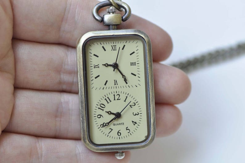 1 PC Time Zone Rectangle Pocket Watch Pendant Gift 27x57mm A8509 image 2