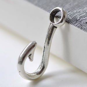 Large Hole Fish Hook Charms Unadorned Blank Fishing Hook Pendants Antique Silver Finish 15x31mm Set of 10 A8030