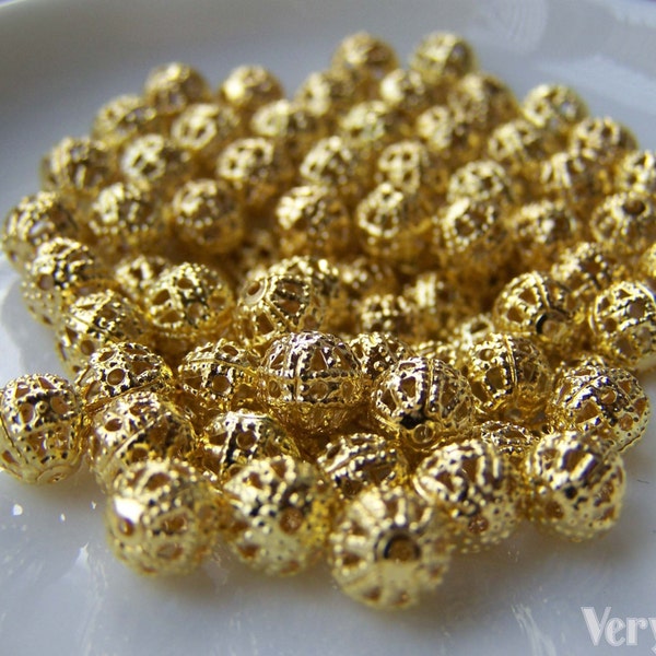 100 pcs de Gold Tone Filigree Ball Spacer Perles Taille 6mm A232