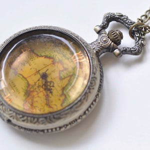1 PC Antique Bronze Faceted Glass Cover Map Large Pocket Watch A894