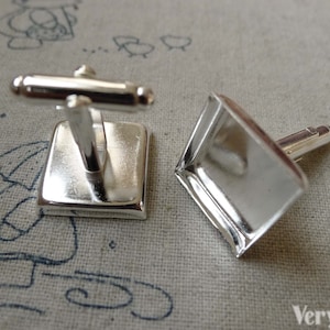 Square Bezel Cufflink Blanks Silver Cuff Links Setting Match 16mm Cabochon Set of 10 pcs A6163