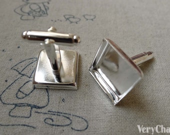 Square Bezel Cufflink Blanks Silver Cuff Links Setting Match 16mm Cabochon Set of 10 pcs A6163