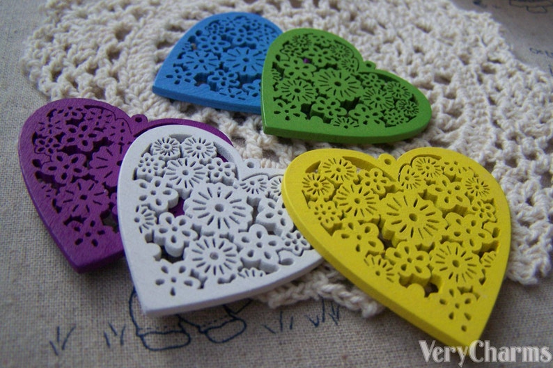 Wood Heart Pendants Cut Out Flower Wooden Charms Assorted Color Set of 10 A3616 image 4