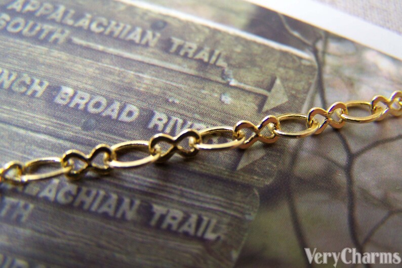 May include: A gold chain necklace with a delicate infinity link design. The chain is lying on a wooden surface with text that reads "Appalachian Trail" and "South Broad River".