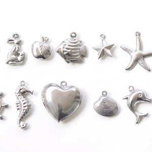 Puede incluir: Un conjunto de 13 colgantes de plata con diferentes diseños de animales, naturaleza y geometría. Los colgantes incluyen una estrella de mar, un corazón, una concha, un pez, un delfín, una rueda, un caballito de mar, una manzana, un conejo, un elefante, una estrella y un oso.