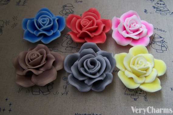 5 pcs Polymer Clay Rose Flower Cabochon Assorted Color 50mm A4269