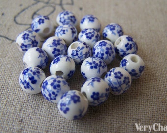 20 pcs Chinese Blue Flower Porcelain Beads 6mm A565