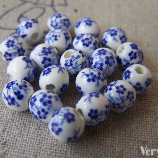 20 pcs Chinese Blue Flower Porcelain Beads 6mm A565