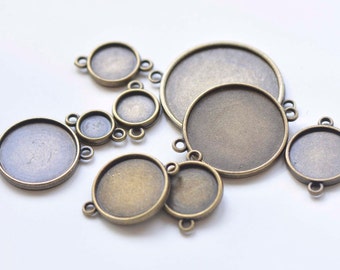 20 PCS antique bronze double face camée rond base réglage plateau connecteur match 8mm/10mm/12mm/14mm/16mm/18mm/20mm/25mm/30mm cabochon