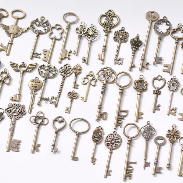 Antique Bronze Medium Large Skeleton Key Charms Pendants Wedding Favor Collection Assorted Mixed Style Set of 62 A4031