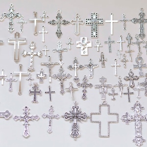 Antique Silver Cross Ankh Religious Charms Mixed Styles Set of 70