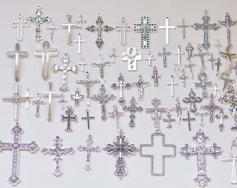 Antique Silver Cross Ankh Religious Charms Mixed Styles Set of 70