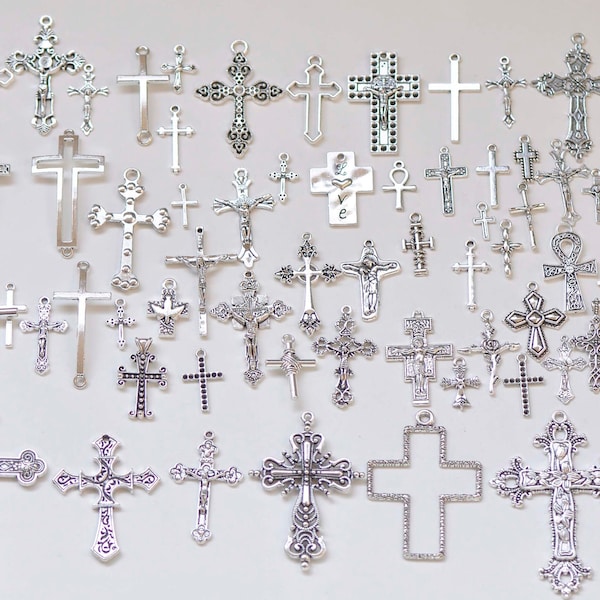 Antique Silver Cross Ankh Religious Charms Mixed Styles Set of 70