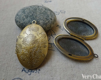 2 pcs Oval Flower Photo Lockets Antique Bronze Pendants 27x38mm A5450