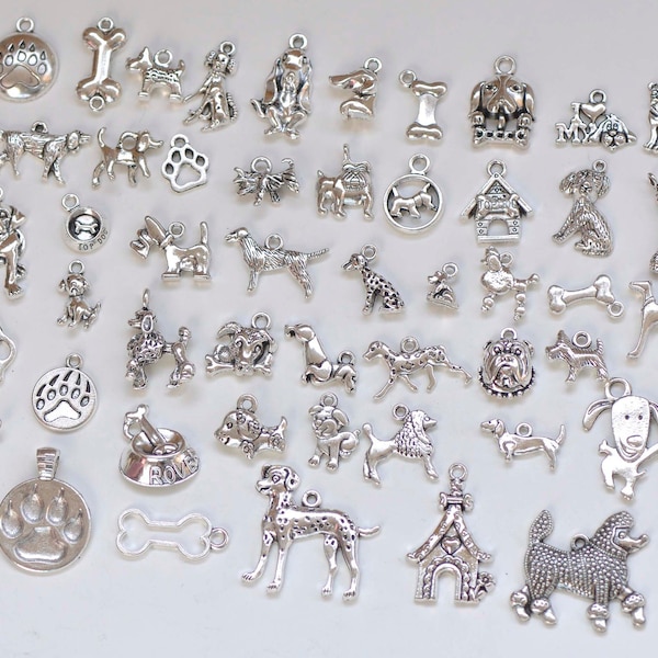 Antique Silver Dog Pet Themed Charms Mixed Styles Set of 50