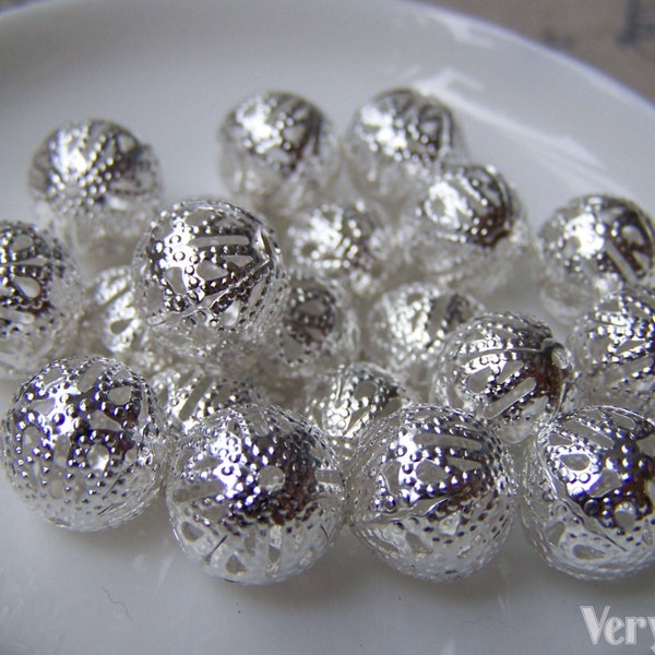 50 pcs de perles Silver Filigree Ball Spacer Taille 12mm A2759