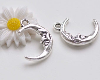 Antique Silver 3D Crescent Moon Face Charms 15x22mm Double Sided