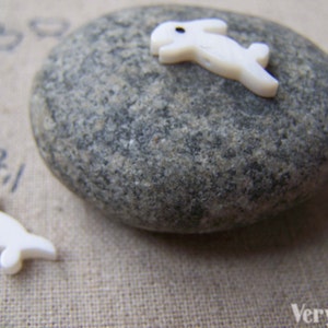 May include: Two small, white, dolphin-shaped charms with a hole for stringing, resting on a grey, speckled stone. The charms are smooth and have a simple, stylized design. The background is a neutral, textured surface.