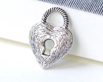 Antique Silver Heart Lock Charms Double Sided 16x22mm Set of 10 A8172
