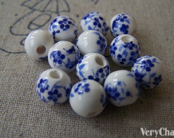 20 pcs Chinese Blue Flower Ceramic Porcelain Beads 8mm A566