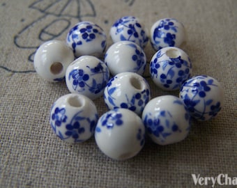 20 pcs Chinese Blue Flower Ceramic Porcelain Beads 8mm A566