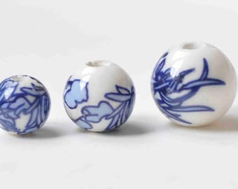 20 pcs peint à la main Fleur de feuille bleue Perles en céramique chinoise 8mm / 10mm / 12mm