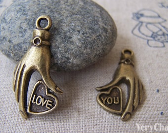 5 sets Antik Bronze Herz Hand Charms Anhänger 15x30mm A577 (10 Stk)